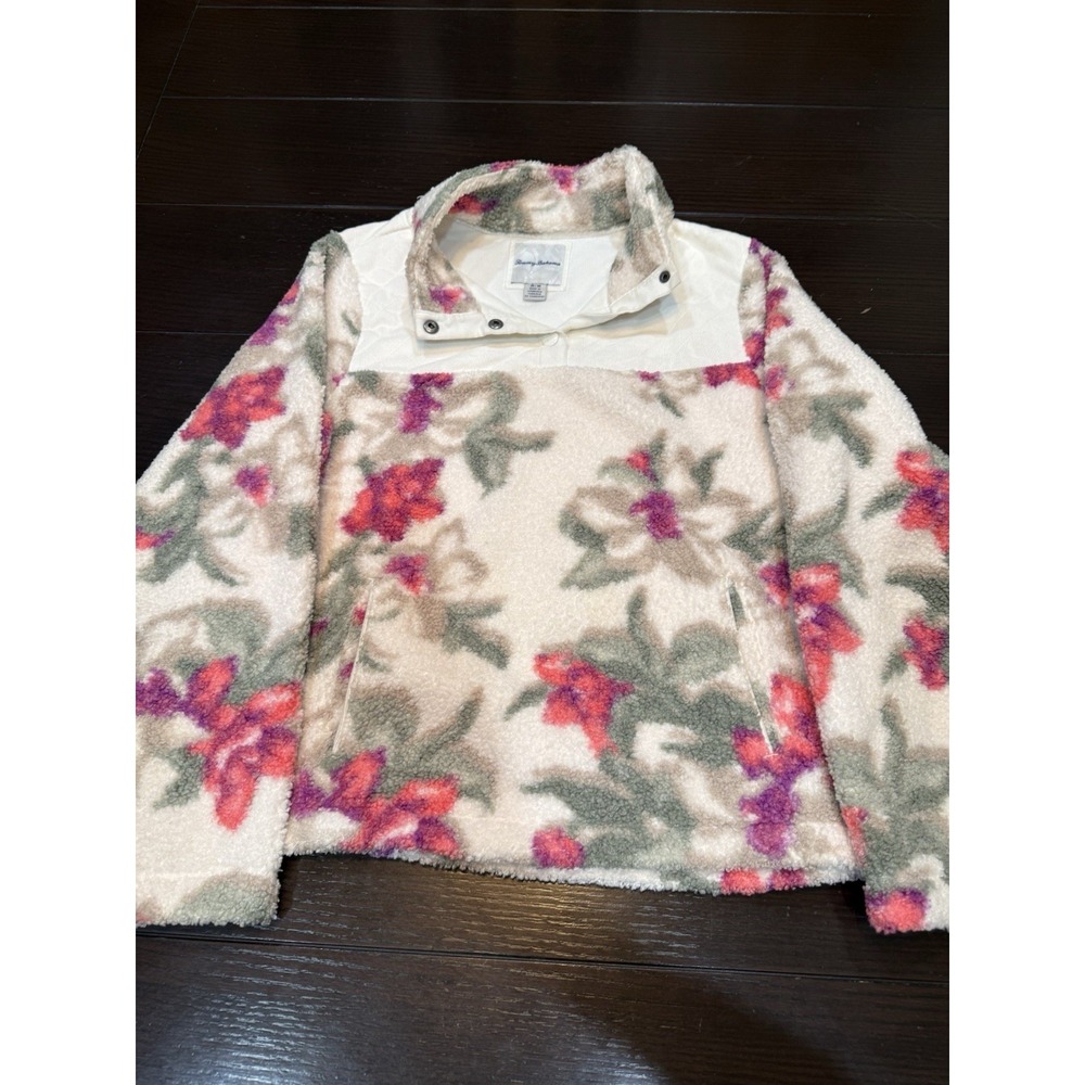 Tommy Bahama Women's Sz M Ivory Floral Sherpa Snap Pullover Fleece Jacket